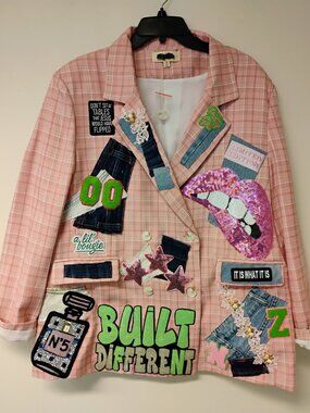 1X Pink Plaid blazer with patches - new condition, dry clean only!
